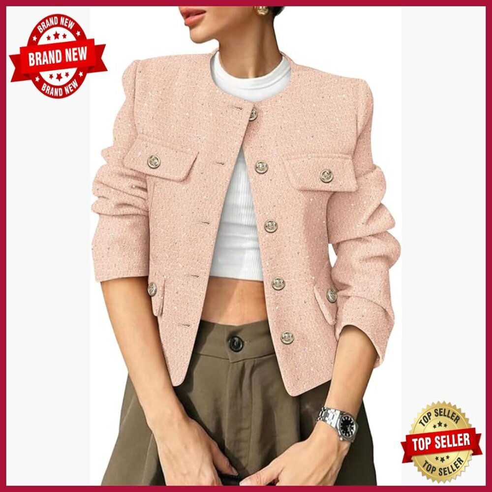 Cropped Tweed Blazer Collarless Button Down Sequin Top with Pockets